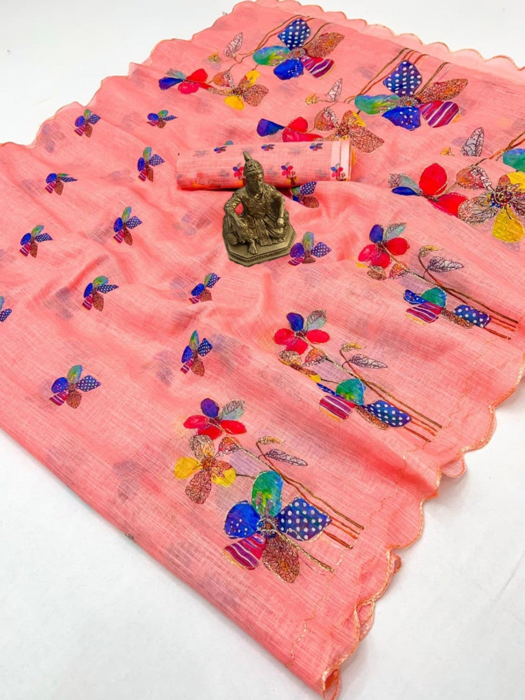 Peach Pure Linen Saree Adorned with Soft Floral Patterns - Image 2