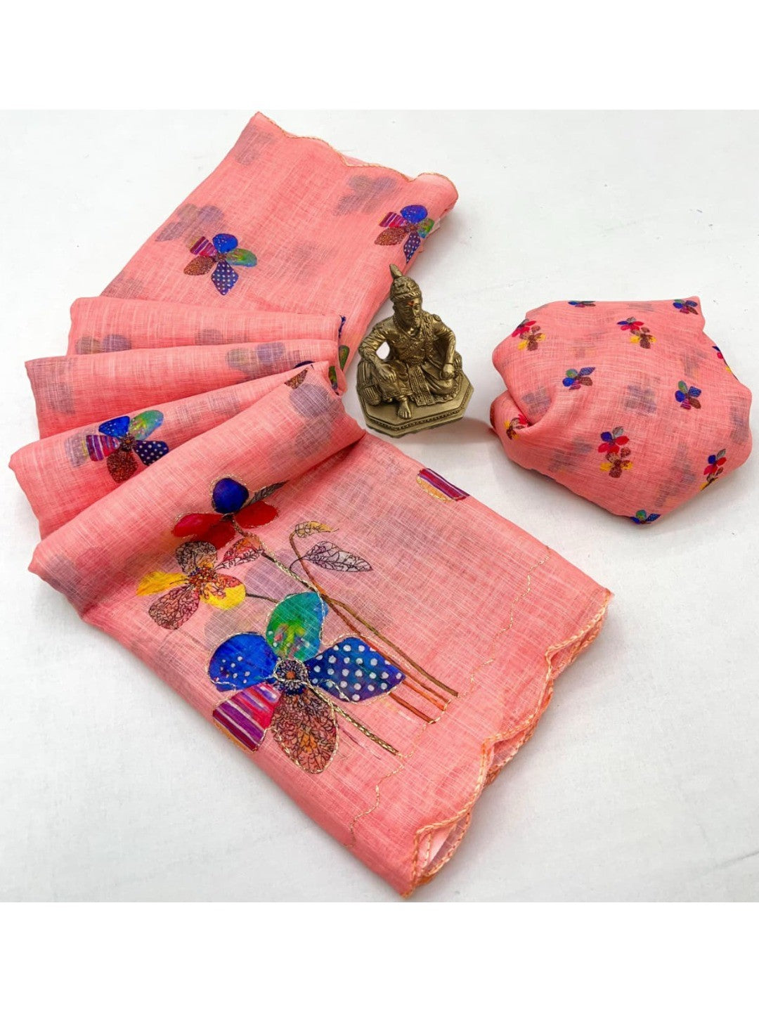 Peach Pure Linen Saree Adorned with Soft Floral Patterns - Image 3