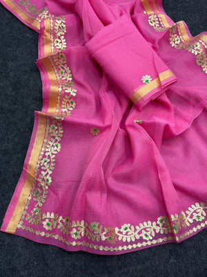 Graceful Pink Kota Doria Saree Adorned With Delicate Floral Gota Patti & Zari Weaving Border - Image 2