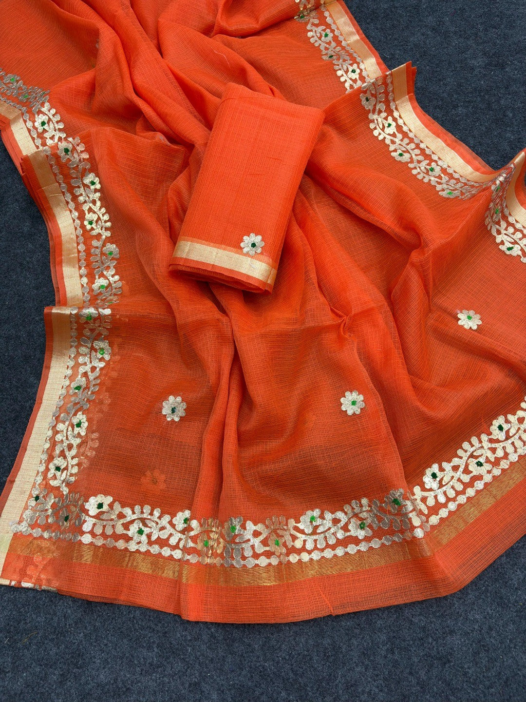 Graceful Orange Kota Doria Saree Adorned With Delicate Floral Gota Patti & Zari Weaving Border - Image 4
