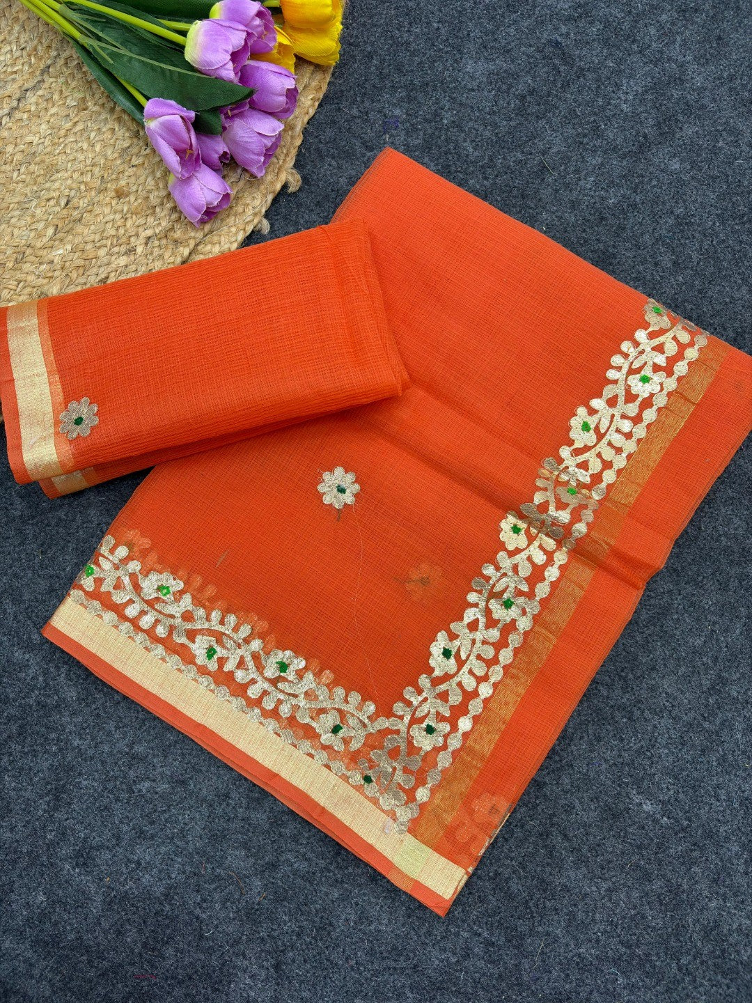 Graceful Orange Kota Doria Saree Adorned With Delicate Floral Gota Patti & Zari Weaving Border - Image 3