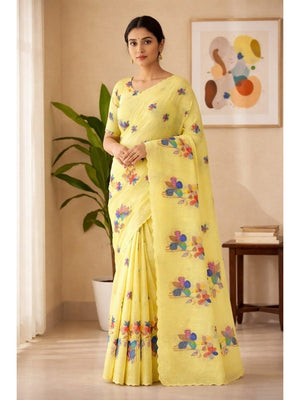 Yellow Pure Linen Saree Adorned with Soft Floral Patterns - Image 1