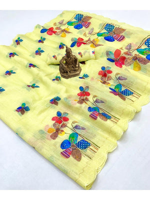 Yellow Pure Linen Saree Adorned with Soft Floral Patterns - Image 2