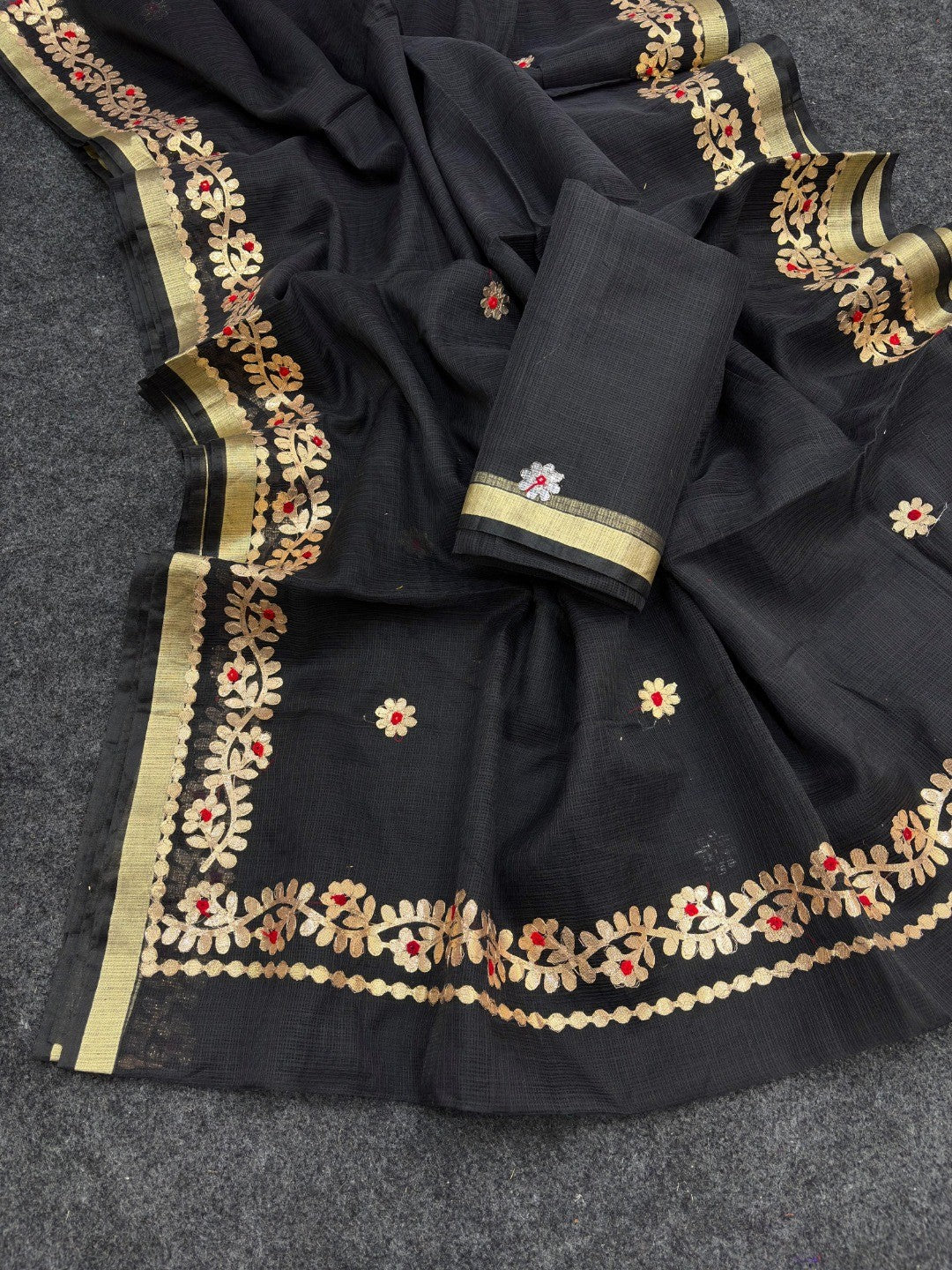 Graceful Black Kota Doria Saree Adorned With Delicate Floral Gota Patti & Zari Weaving Border - Image 2