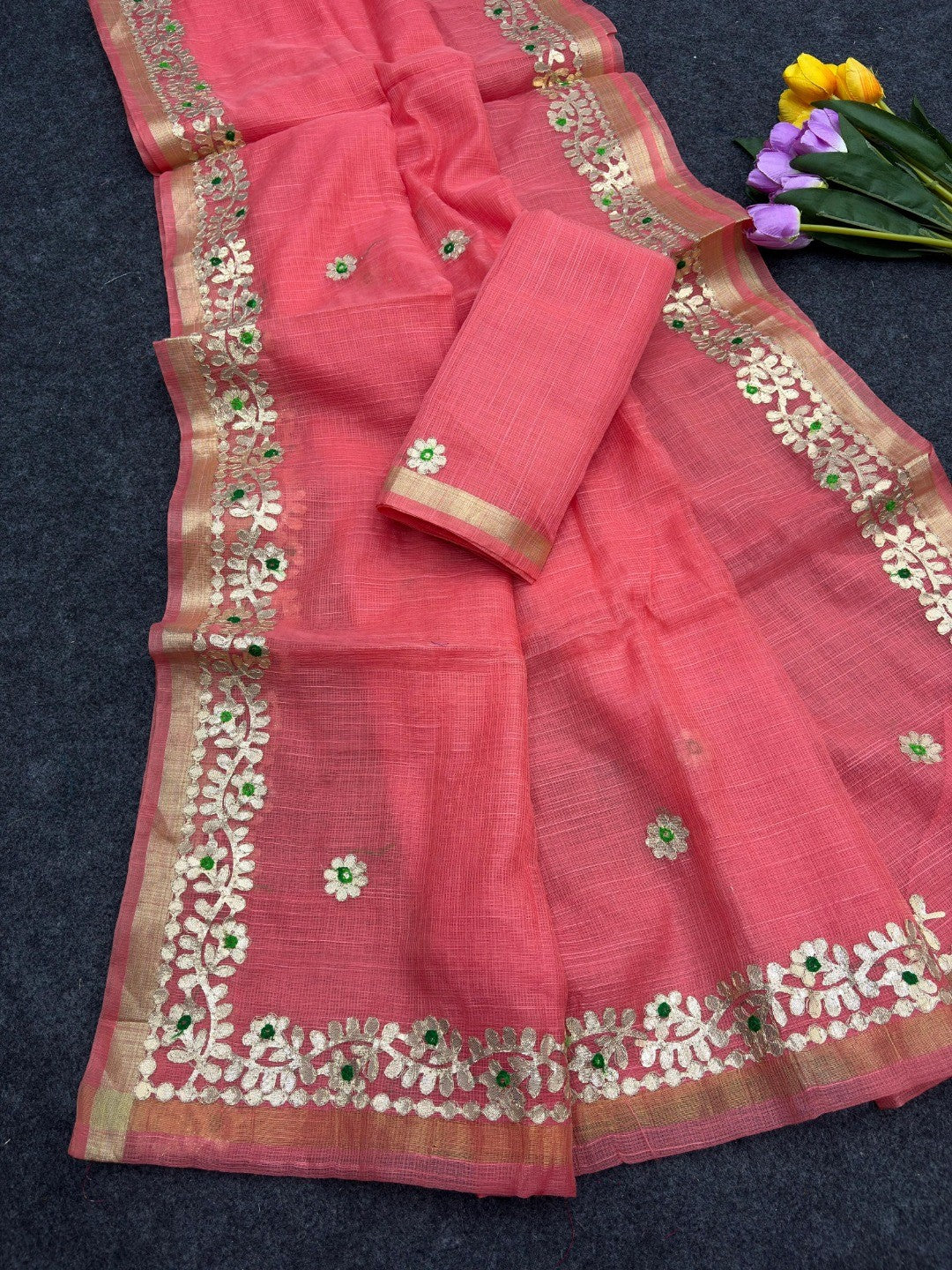 Graceful Coral Pink Kota Doria Saree Adorned With Delicate Floral Gota Patti & Zari Weaving Border - Image 2