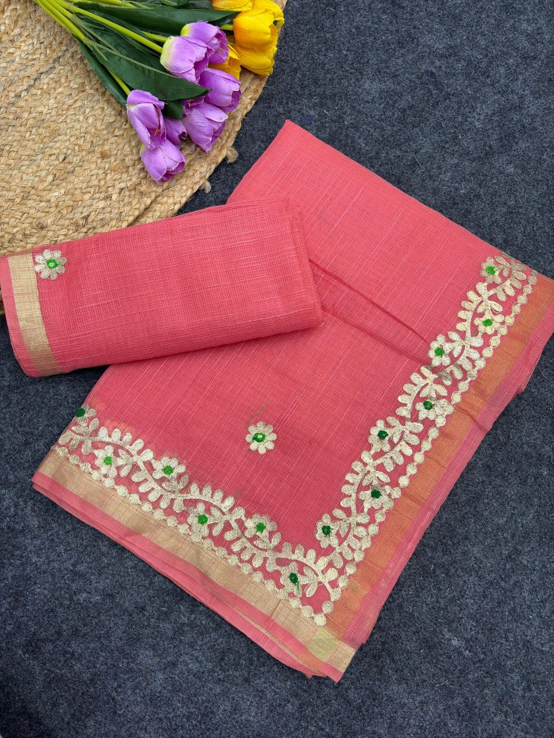 Graceful Coral Pink Kota Doria Saree Adorned With Delicate Floral Gota Patti & Zari Weaving Border - Image 4
