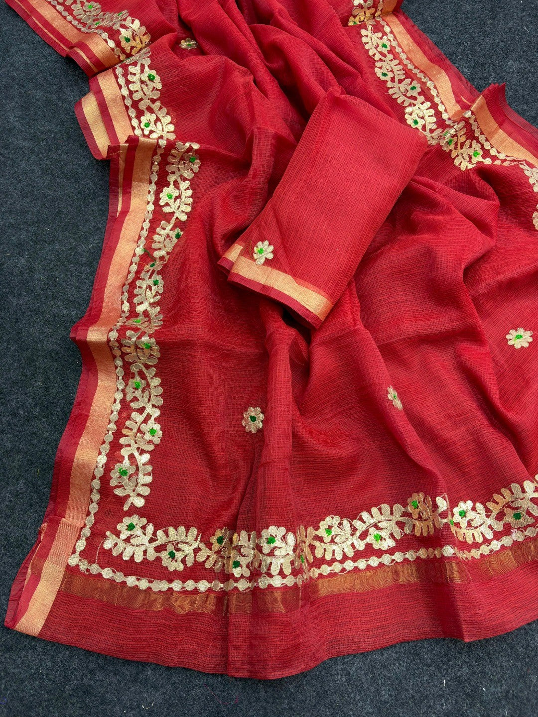 Graceful Red Kota Doria Saree Adorned With Delicate Floral Gota Patti & Zari Weaving Border - Image 4