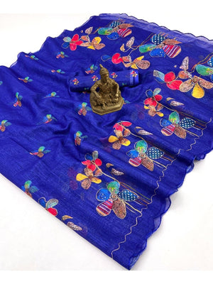Blue Pure Linen Saree Adorned with Soft Floral Patterns - Image 2