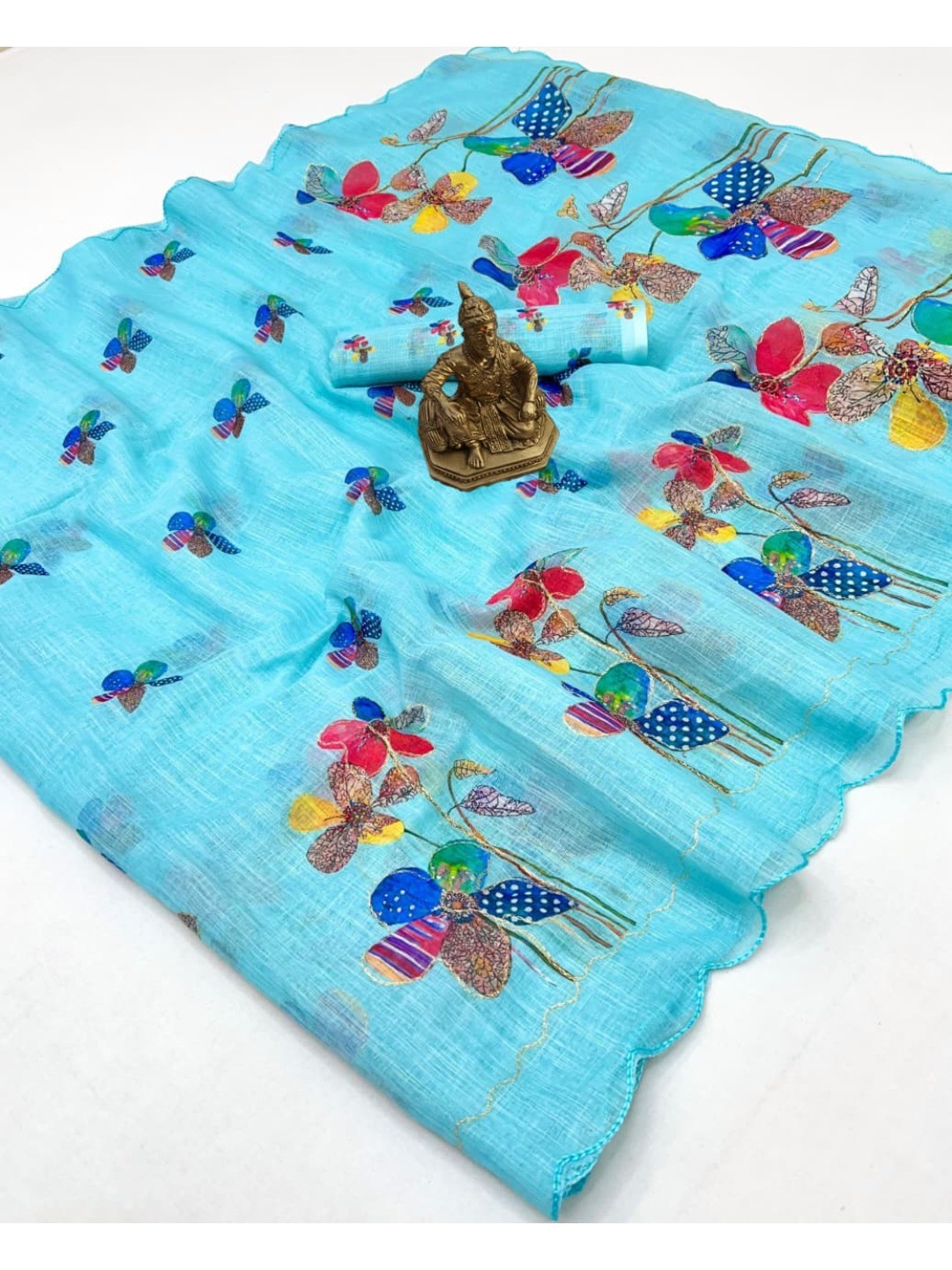 Sky Blue Pure Linen Saree Adorned with Soft Floral Patterns - Image 2