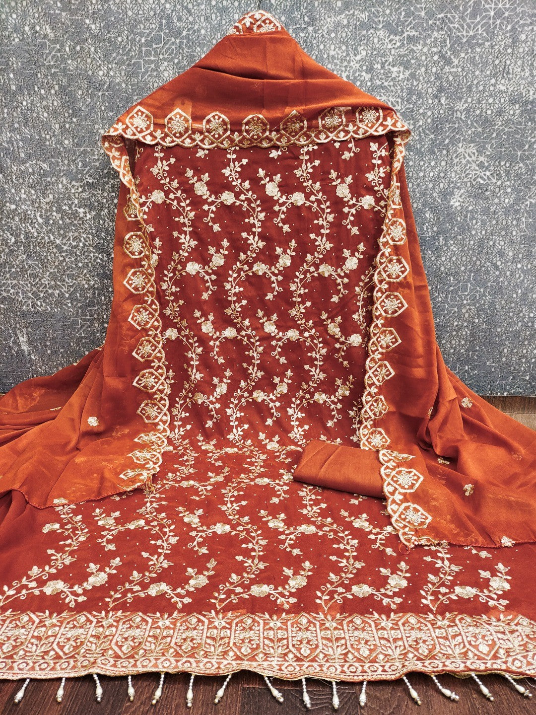 Rust Floral Thread Embroidered Georgette Dress Material with Detailed Floral Embroidery - Image 3