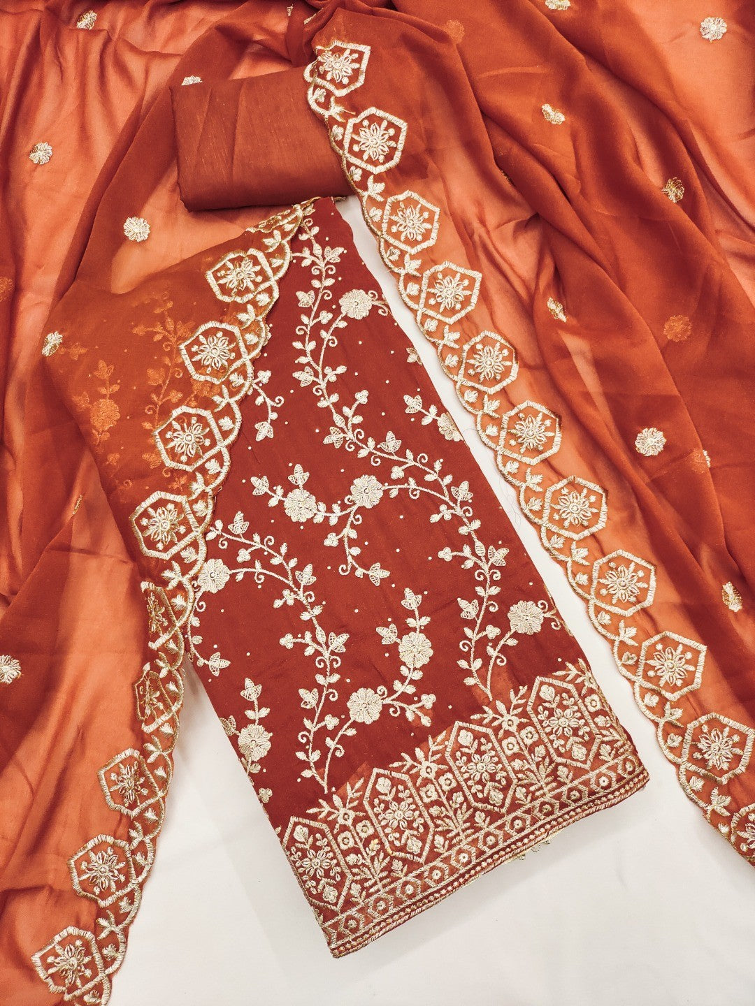 Rust Floral Thread Embroidered Georgette Dress Material with Detailed Floral Embroidery - Image 4