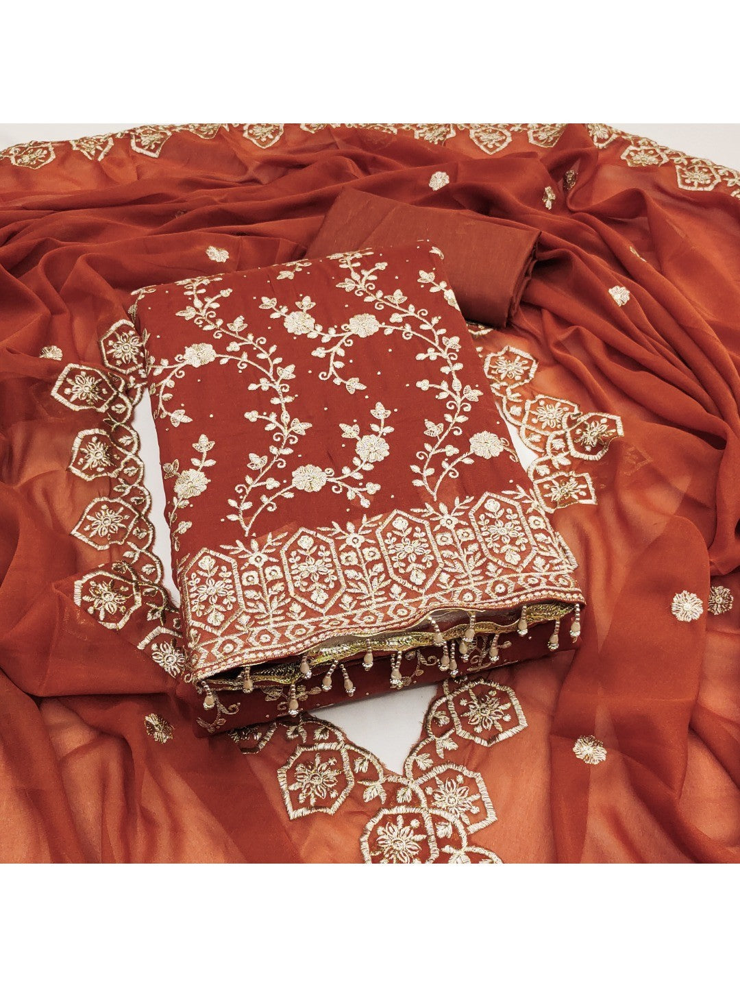 Rust Floral Thread Embroidered Georgette Dress Material with Detailed Floral Embroidery - Image 1