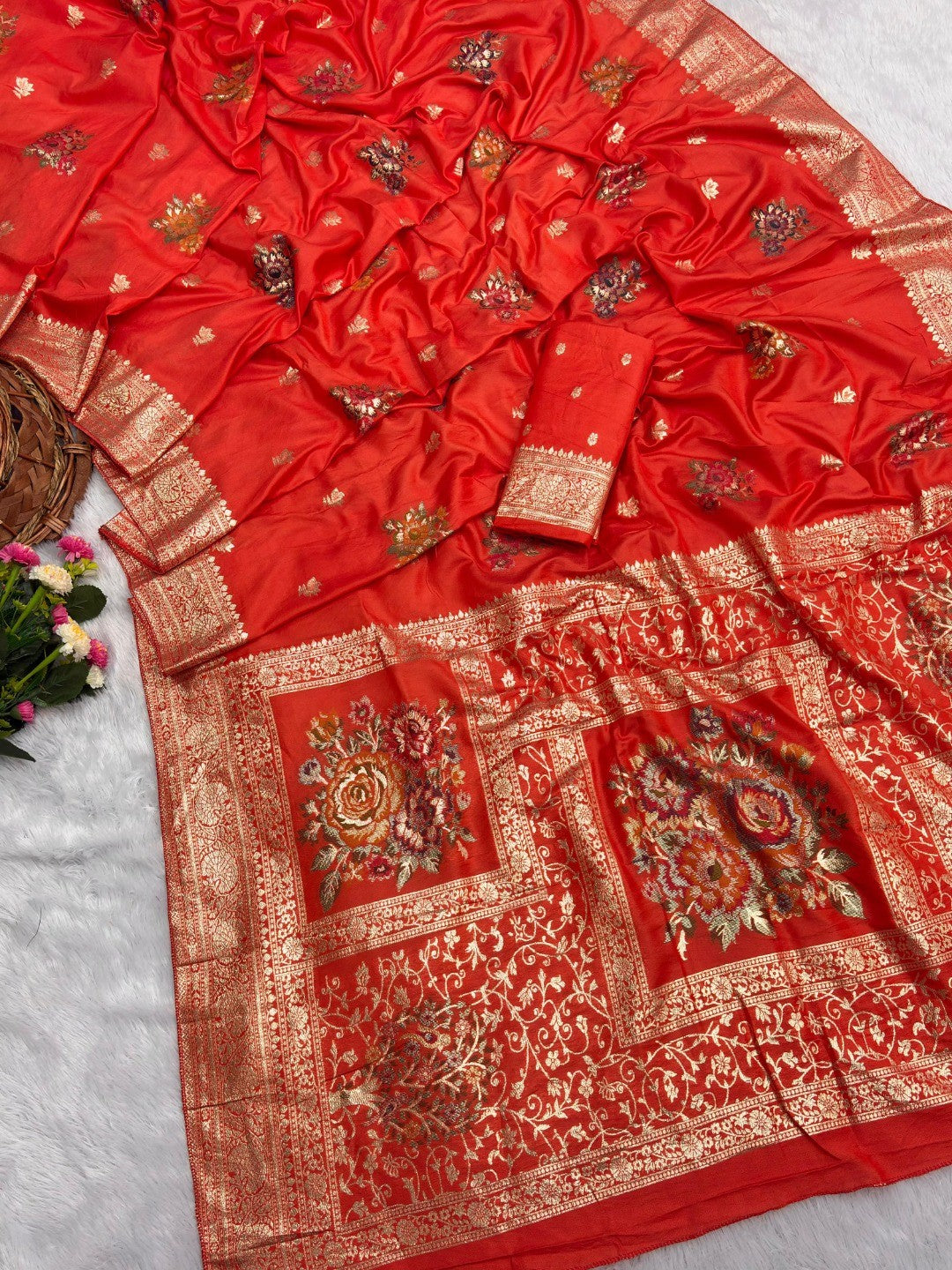 Sophisticated Orange Floral Meenakari Woven Viscose Saree With Subtle Traditional Charm - Image 3