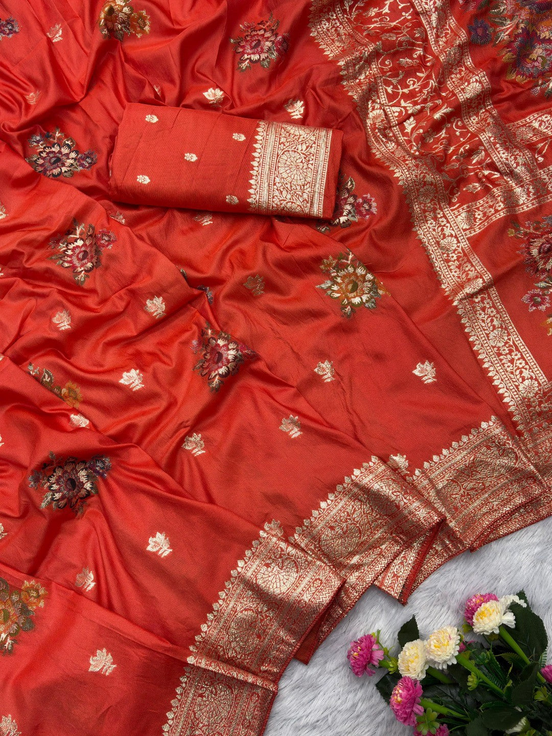 Sophisticated Orange Floral Meenakari Woven Viscose Saree With Subtle Traditional Charm - Image 3