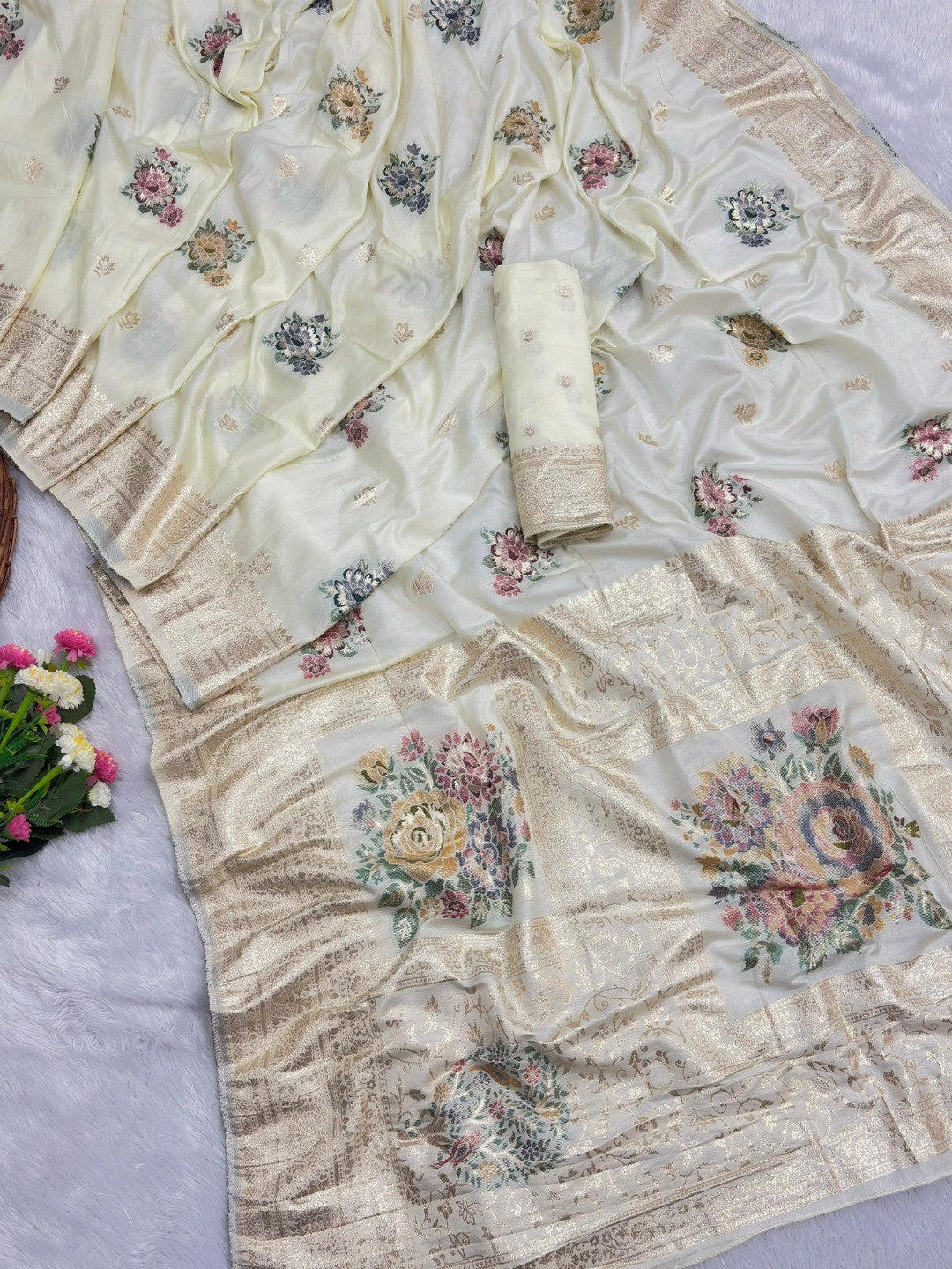 Sophisticated Cream Floral Meenakari Woven Viscose Saree With Subtle Traditional Charm - Image 3