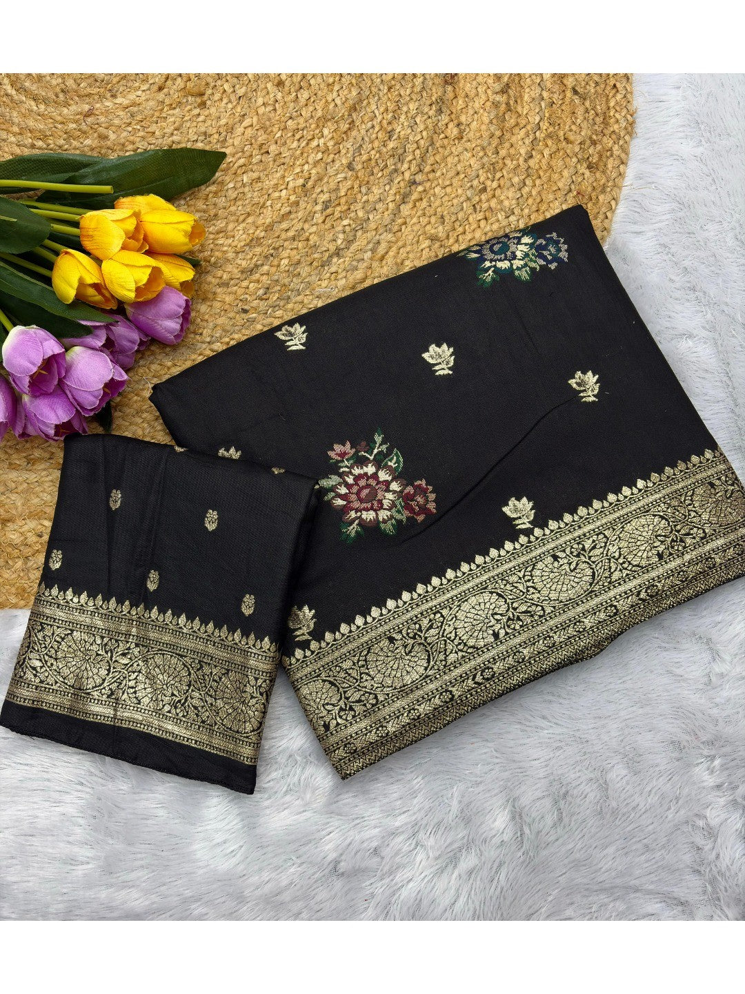 Sophisticated Black Floral Meenakari Woven Viscose Saree With Subtle Traditional Charm - Image 4
