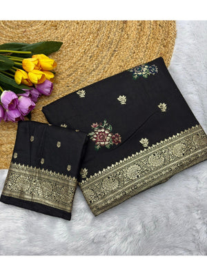 Sophisticated Black Floral Meenakari Woven Viscose Saree With Subtle Traditional Charm - Image 2