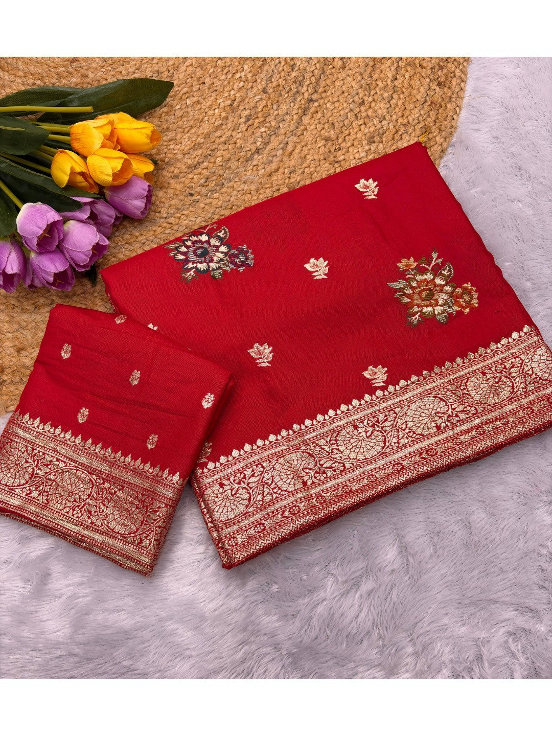 Sophisticated Red Floral Meenakari Woven Viscose Saree With Subtle Traditional Charm - Image 2
