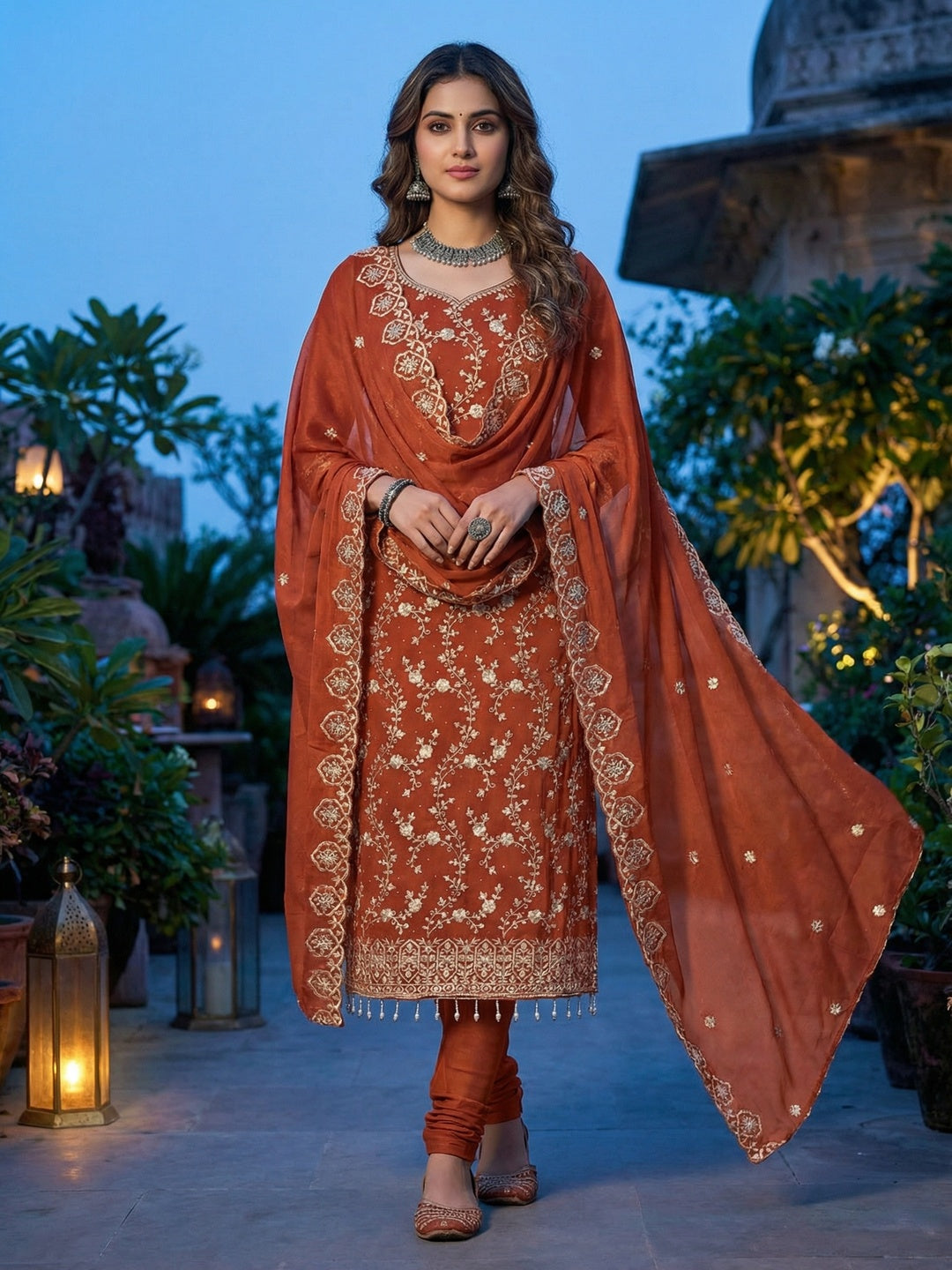 Rust Floral Thread Embroidered Georgette Dress Material with Detailed Floral Embroidery - Image 2