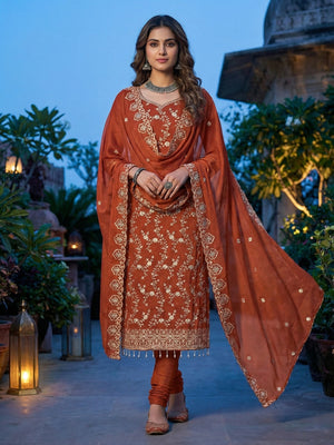 Rust Floral Thread Embroidered Georgette Dress Material with Detailed Floral Embroidery - Image 2