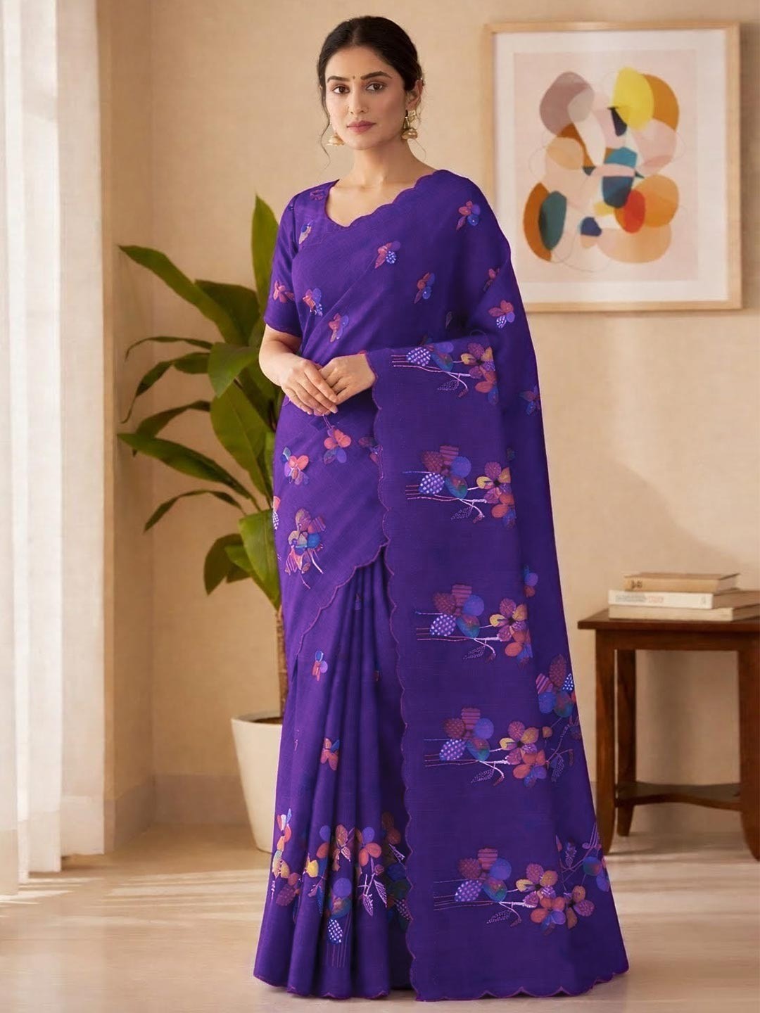 Violet Pure Linen Saree Adorned with Soft Floral Patterns - Image 1