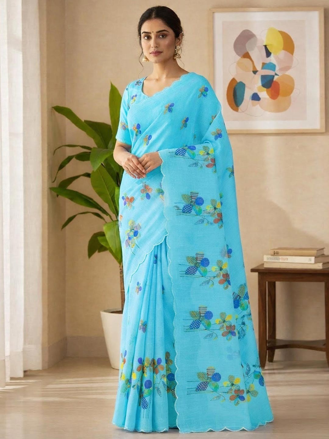 Sky Blue Pure Linen Saree Adorned with Soft Floral Patterns - Image 1
