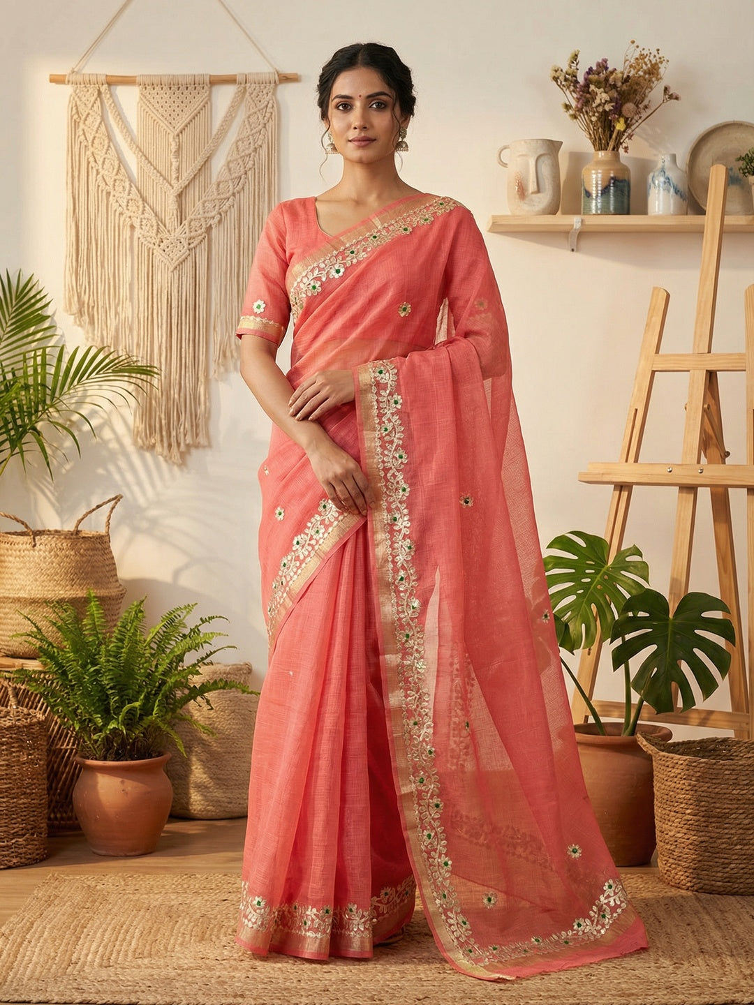 Graceful Coral Pink Kota Doria Saree Adorned With Delicate Floral Gota Patti & Zari Weaving Border - Image 1