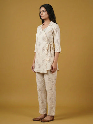 Cream & Black Pure Cotton Top Bottom Set with Leaf Print and Timeless Minimal Styling - Image 2