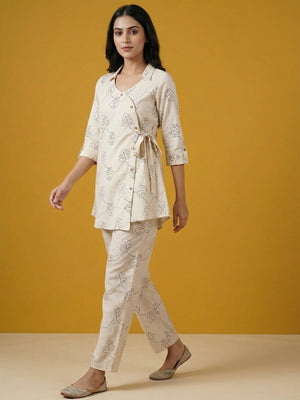 Cream & Black Pure Cotton Top Bottom Set with Leaf Print and Timeless Minimal Styling - Image 1
