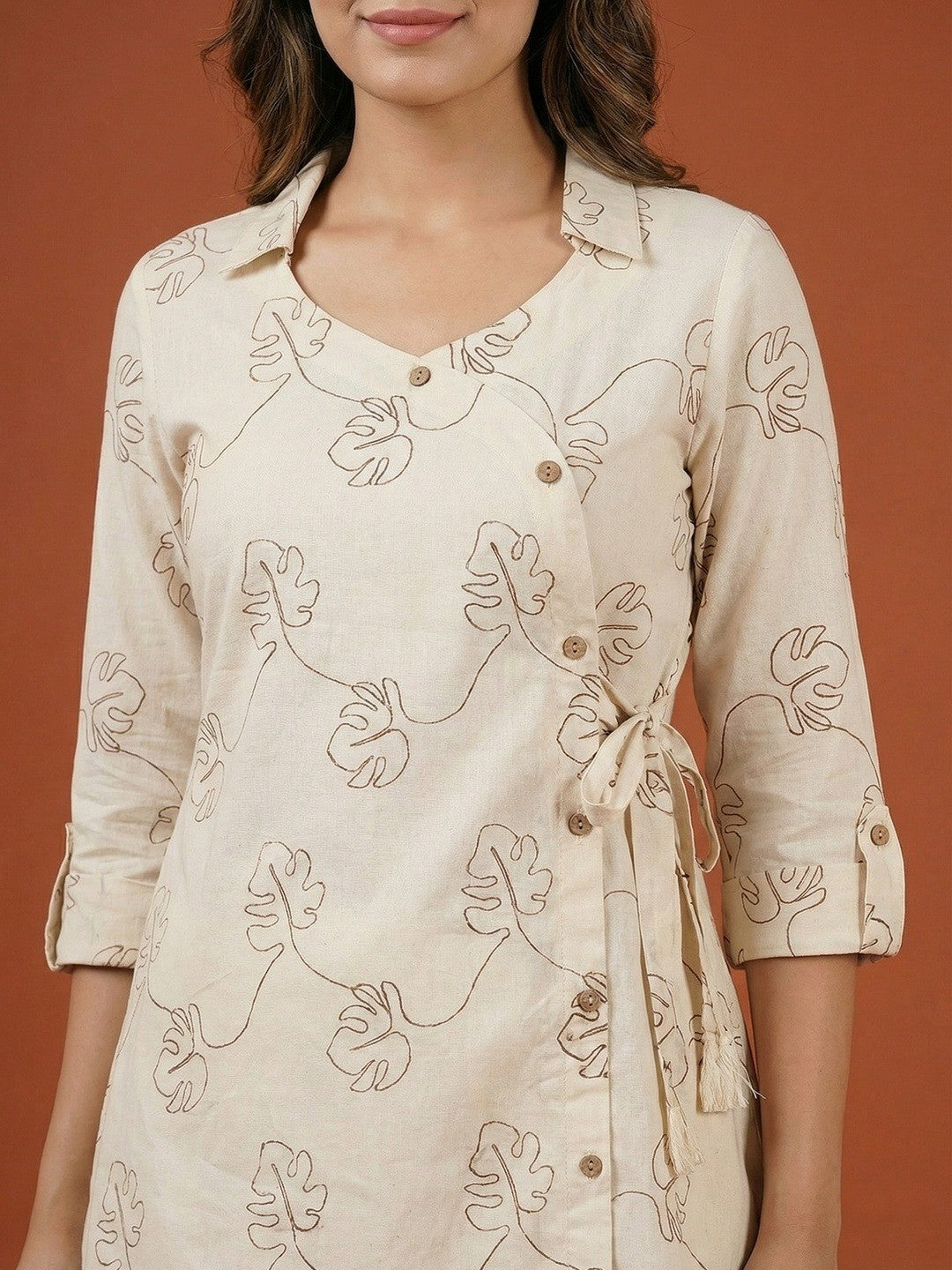 Cream & Brown Pure Cotton Top Bottom Set with Leaf Print and Timeless Minimal Styling - Image 4