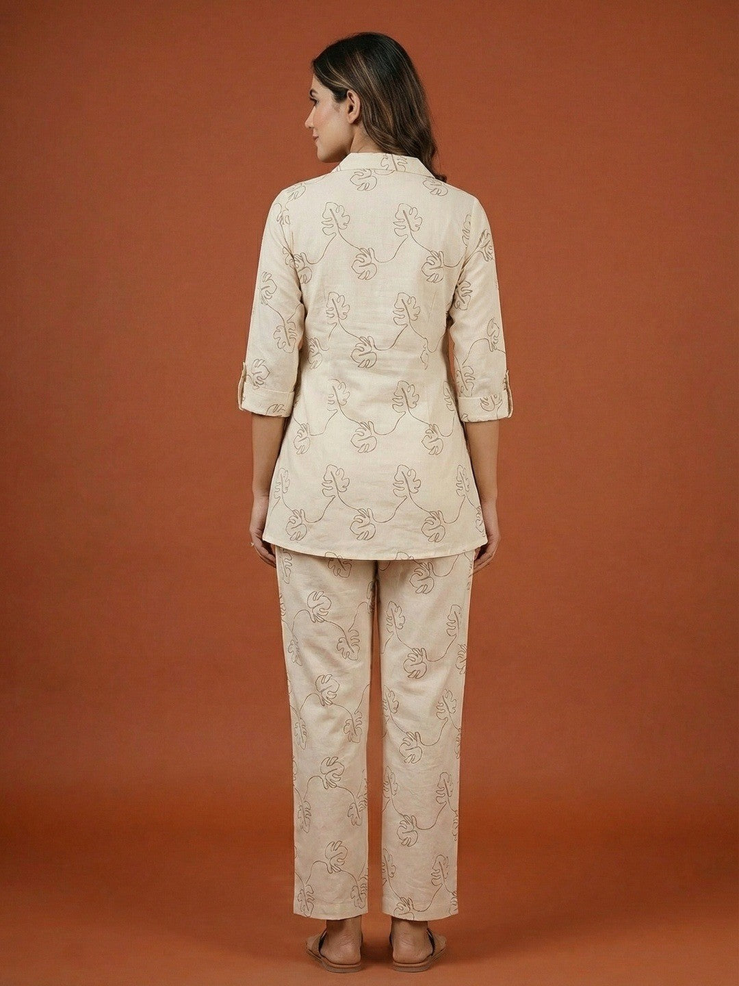 Cream & Brown Pure Cotton Top Bottom Set with Leaf Print and Timeless Minimal Styling - Image 2