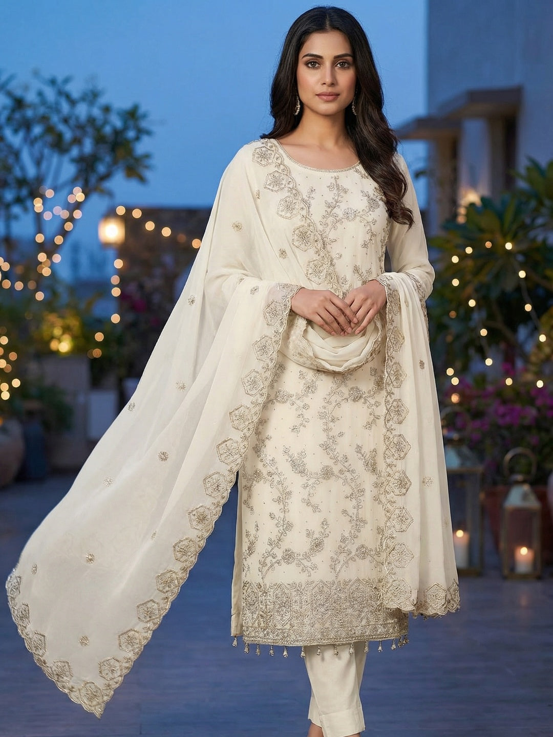 Off White Floral Thread Embroidered Georgette Dress Material with Detailed Floral Embroidery - Image 2