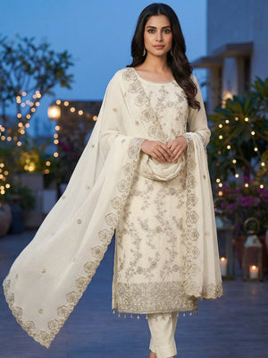 Off White Floral Thread Embroidered Georgette Dress Material with Detailed Floral Embroidery - Image 2