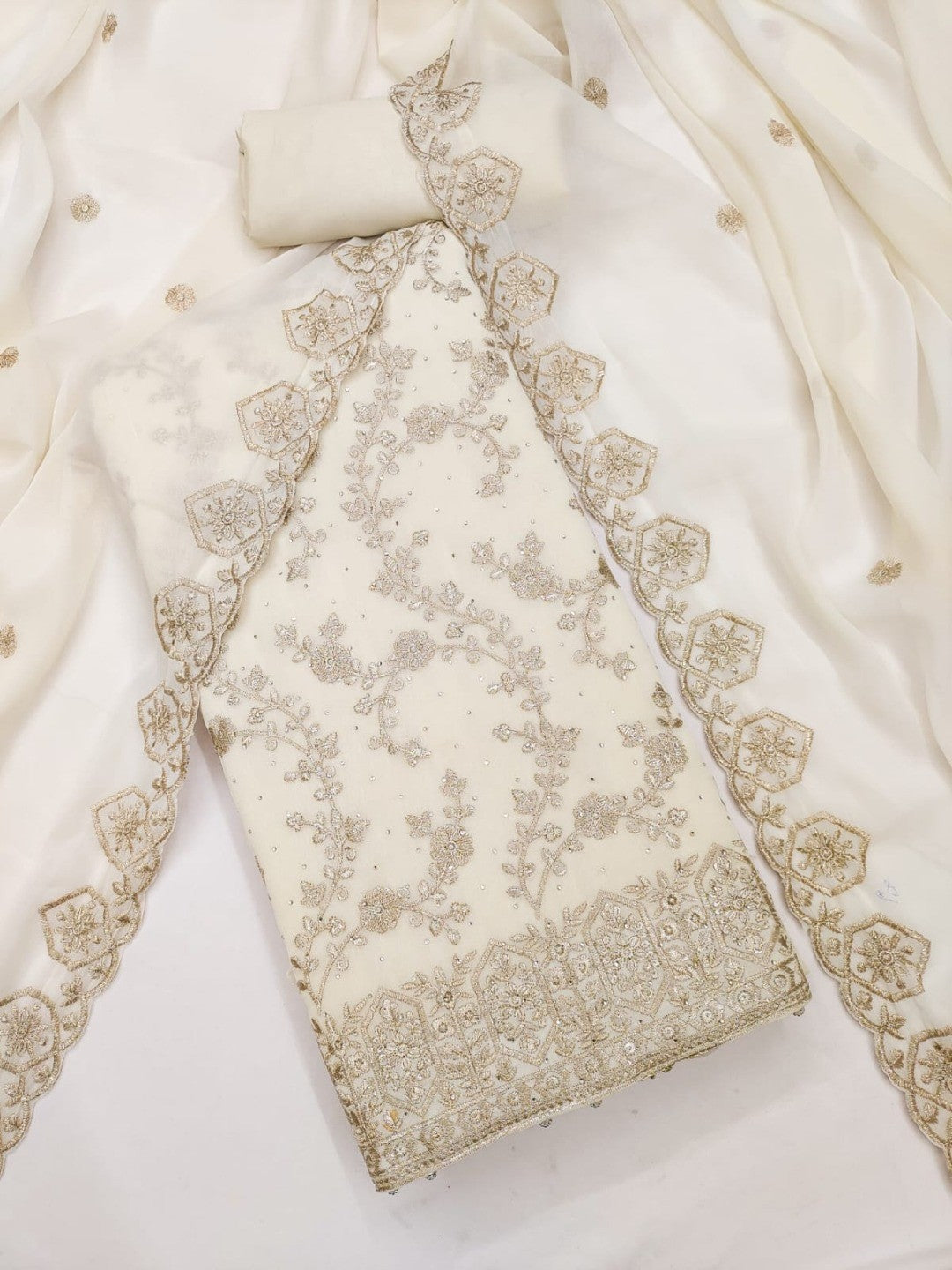 Off White Floral Thread Embroidered Georgette Dress Material with Detailed Floral Embroidery - Image 1