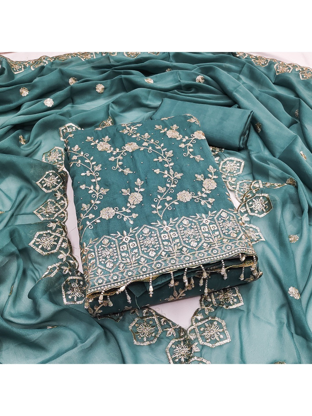 Sea Green Floral Thread Embroidered Georgette Dress Material with Detailed Floral Embroidery - Image 1