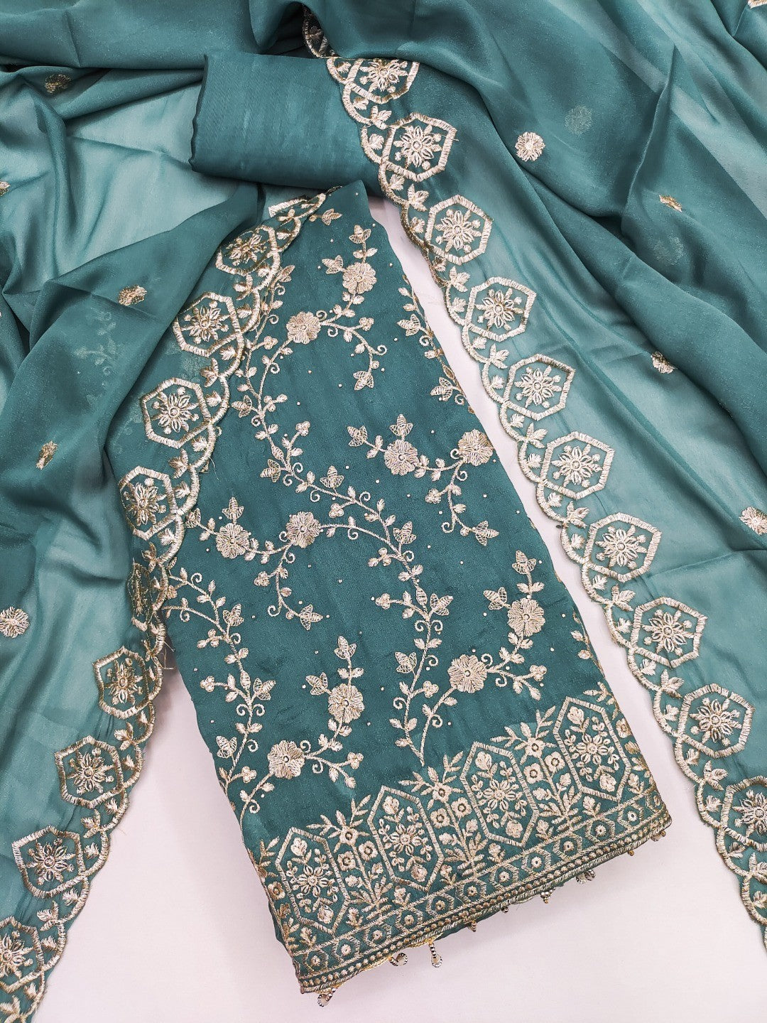 Sea Green Floral Thread Embroidered Georgette Dress Material with Detailed Floral Embroidery - Image 4