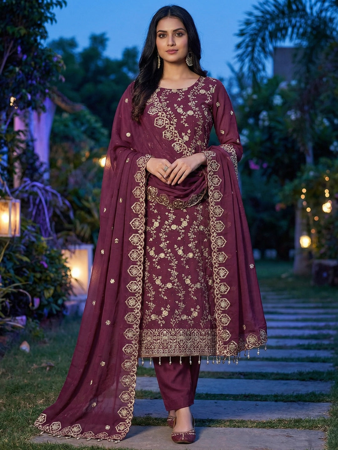 Wine Floral Thread Embroidered Georgette Dress Material with Detailed Floral Embroidery - Image 2