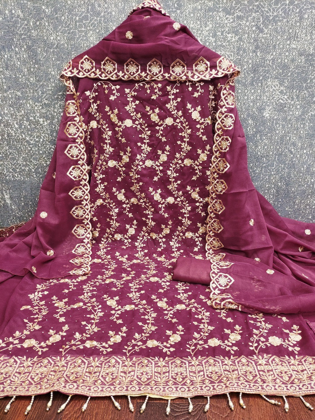 Wine Floral Thread Embroidered Georgette Dress Material with Detailed Floral Embroidery - Image 3