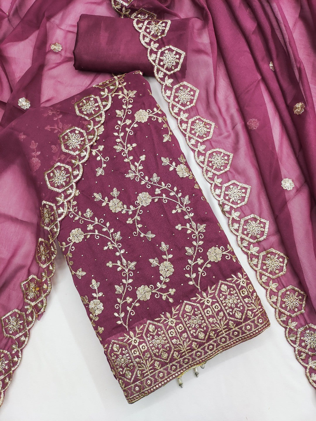 Wine Floral Thread Embroidered Georgette Dress Material with Detailed Floral Embroidery - Image 1