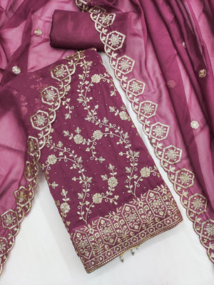 Wine Floral Thread Embroidered Georgette Dress Material with Detailed Floral Embroidery - Image 1
