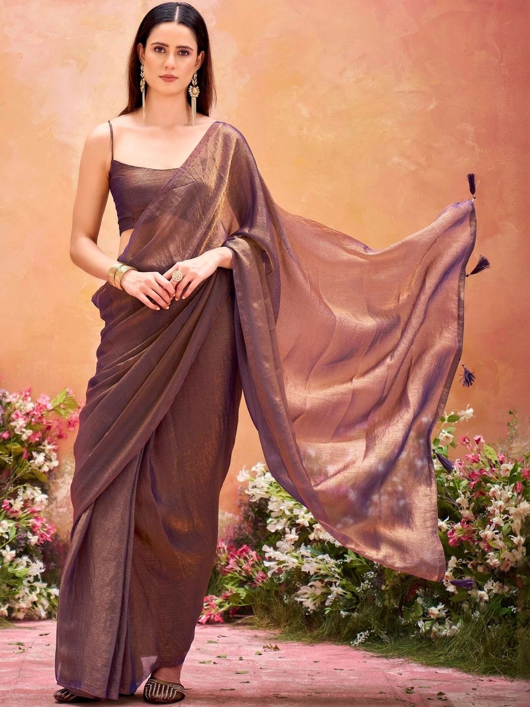 Classic Brown Chiffon Saree with Subtle Sheen and Tassel Details with Timeless Minimal Styling - Image 1