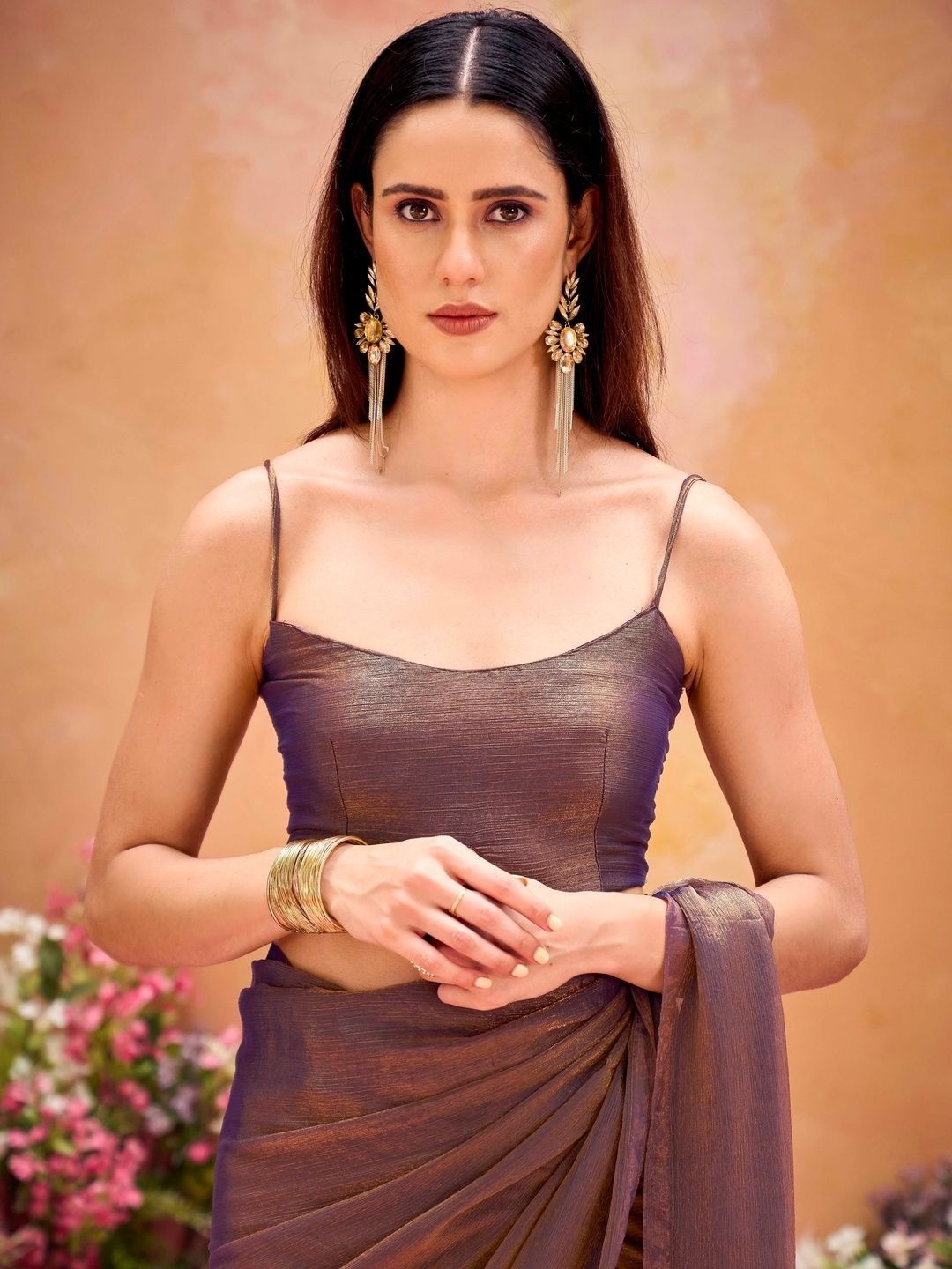 Classic Brown Chiffon Saree with Subtle Sheen and Tassel Details with Timeless Minimal Styling - Image 5