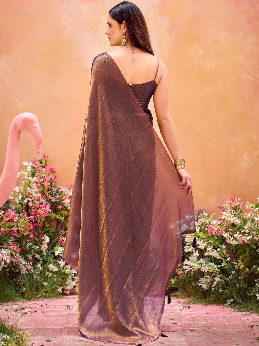 Classic Brown Chiffon Saree with Subtle Sheen and Tassel Details with Timeless Minimal Styling - Image 4