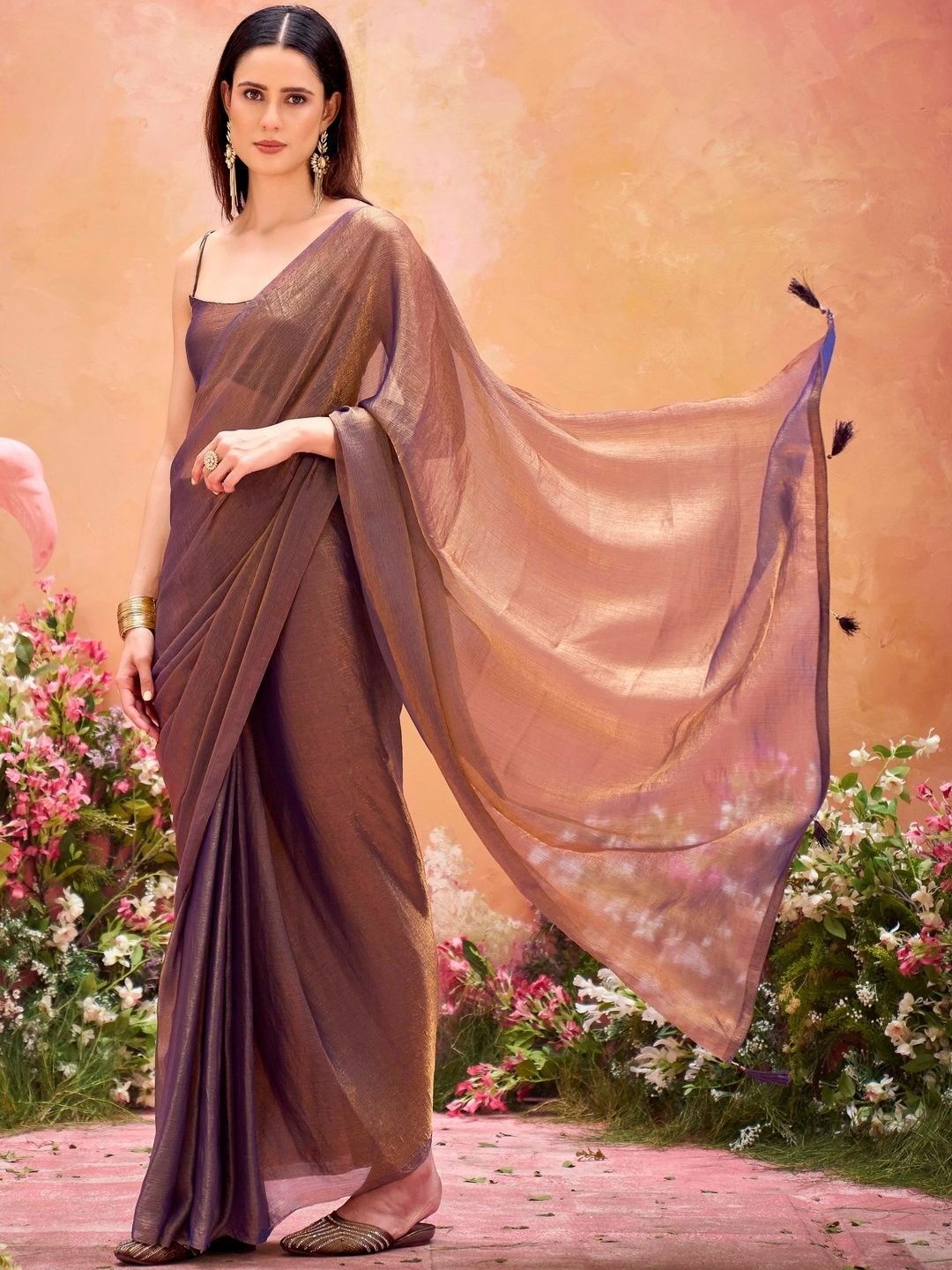 Classic Brown Chiffon Saree with Subtle Sheen and Tassel Details with Timeless Minimal Styling - Image 2