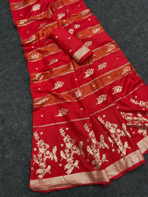 Classic Red Zari Woven Viscose Saree With Graceful Floral & Birds Motif Detailing - Image 1
