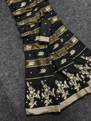 Classic Black Zari Woven Viscose Saree With Graceful Floral & Birds Motif Detailing - Image 1