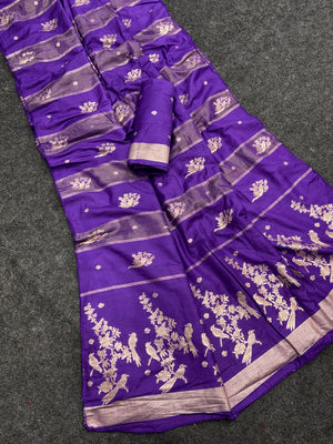 Classic Purple Zari Woven Viscose Saree With Graceful Floral & Birds Motif Detailing - Image 1