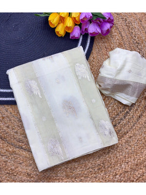 Classic Cream Zari Woven Viscose Saree With Graceful Floral & Birds Motif Detailing - Image 2