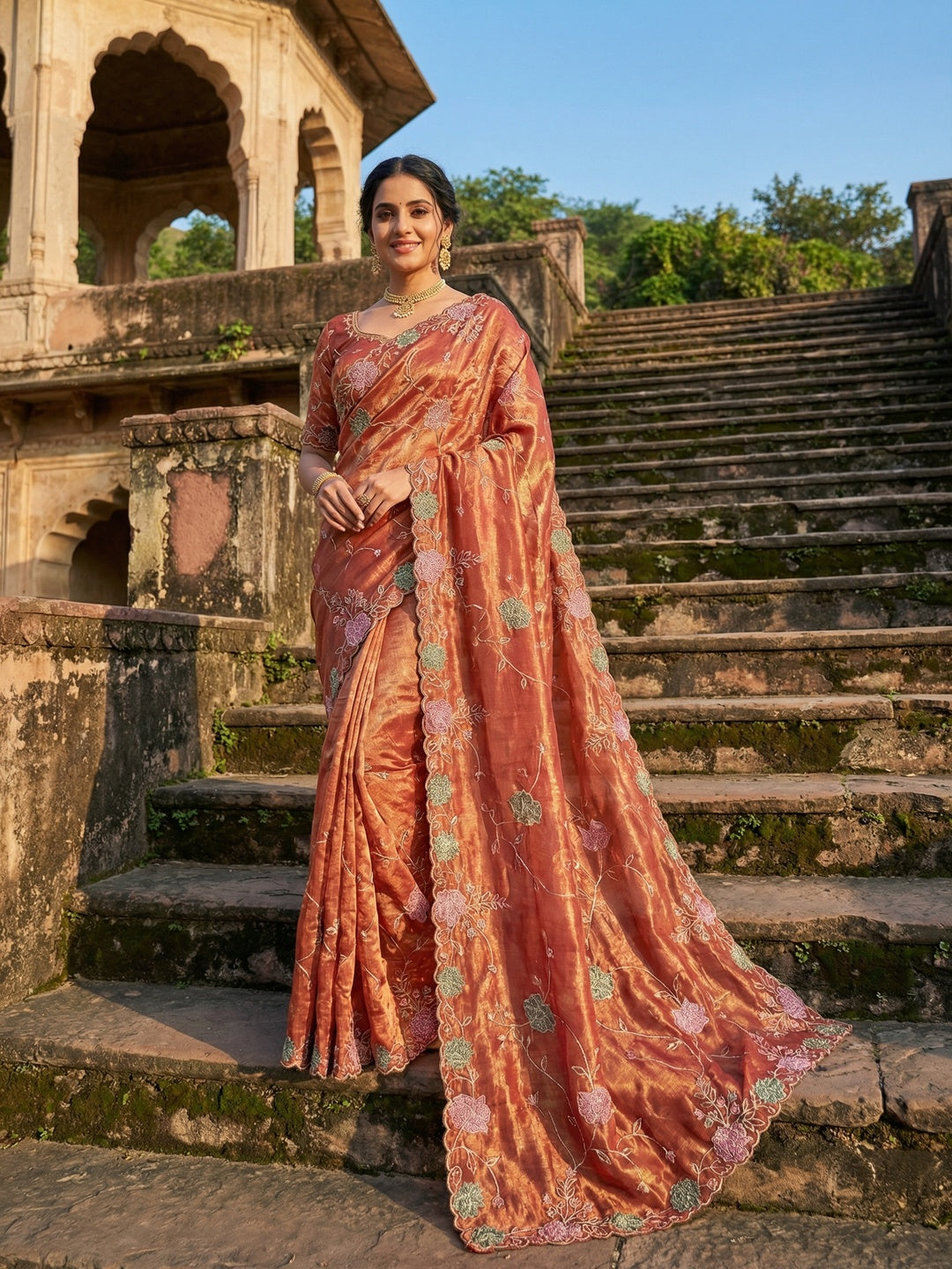 Rust Shimmer Saree with Floral Embroidery and Fine Thread Detailing - Image 1