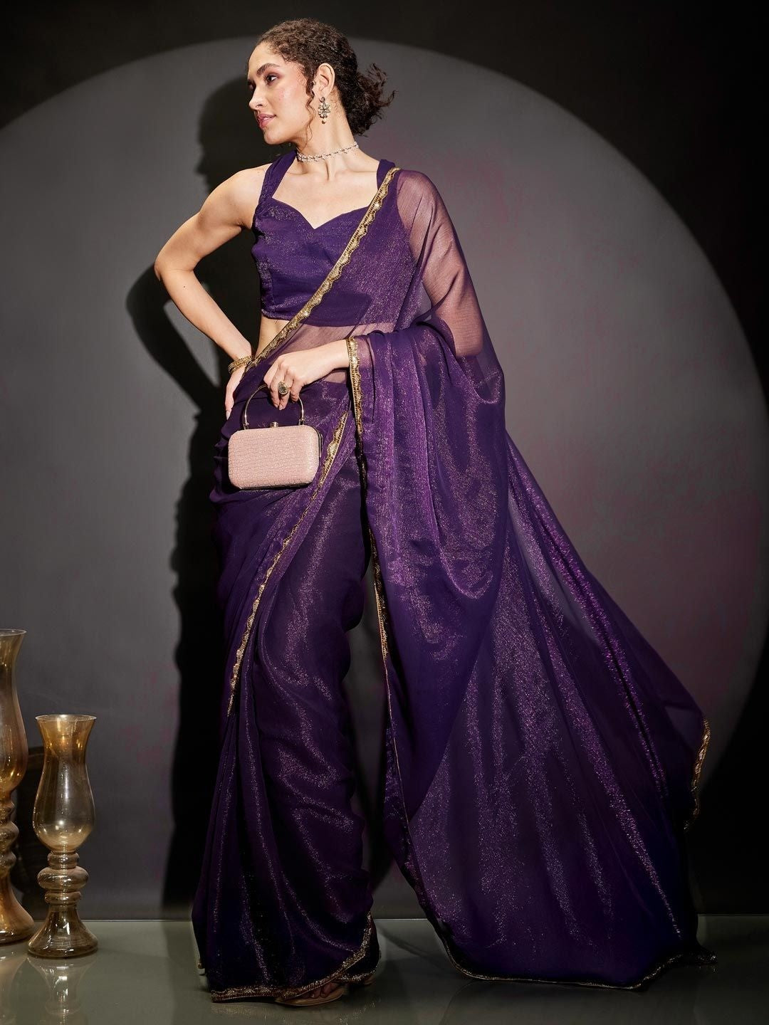 Purple Shimmer Solid Saree with Delicate Border Detailing - Image 1